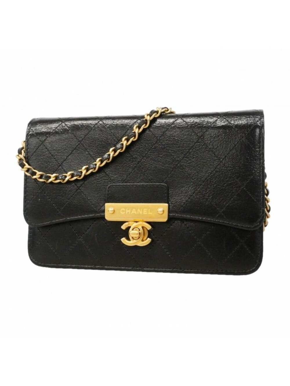 Chanel Shoulder Wallet Quilted Leather Black Champagne Gold